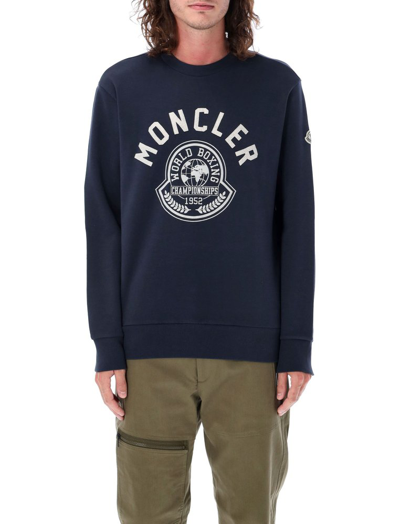Shop Moncler Logo Printed Crewneck Sweatshirt In Navy