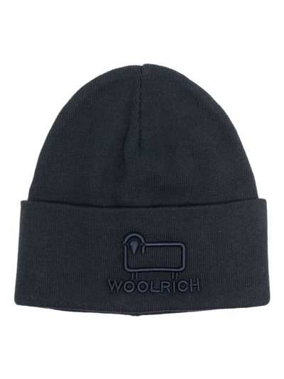 Shop Woolrich Logo-embroidered Beanie In Blue