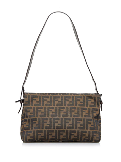 Pre-owned Fendi Zucca Ff Plaque Zipped Shoulder Bag In Brown