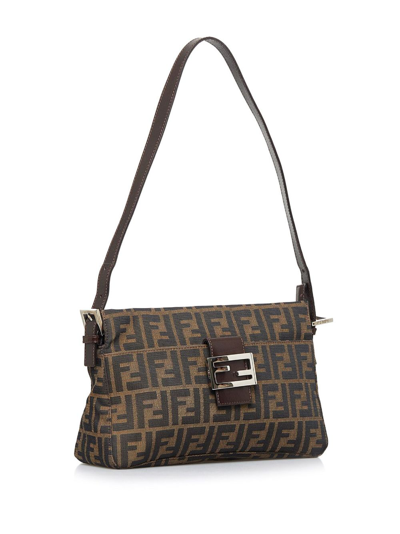 Pre-owned Fendi Zucca Ff Plaque Zipped Shoulder Bag In Brown