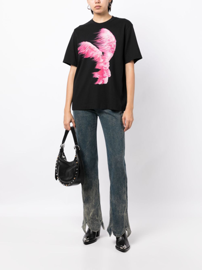 Shop Jnby Feather-print Cotton T-shirt In Black