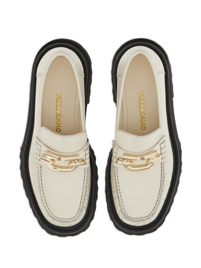 Shop Ferragamo Gancini-plaque Leather Loafers In White
