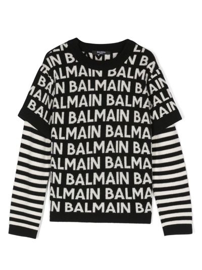 Shop Balmain Logo-print Layered Jumper In Schwarz