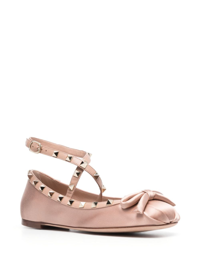 Shop Valentino Rockstud Satin Ballerina Shoes In Rosa