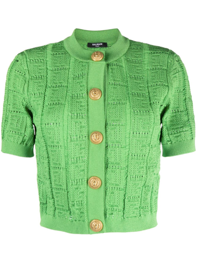 Shop Balmain Monogram-knit Cardigan In Green