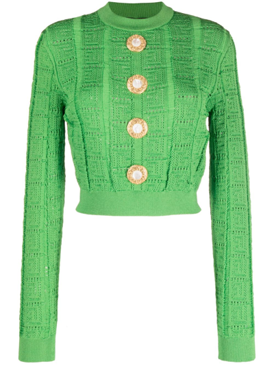 Shop Balmain Monogram-knit Cardigan In Green