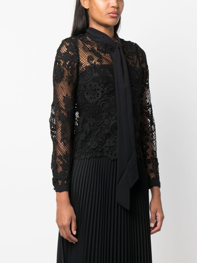 Self-portrait Tie-bow Long-sleeve Lace Shirt In Schwarz