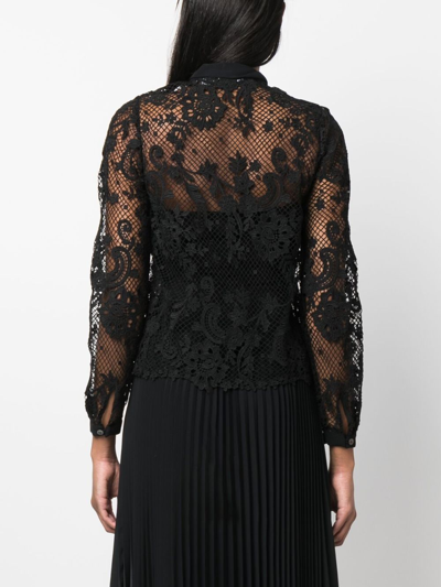 Self-portrait Tie-bow Long-sleeve Lace Shirt In Schwarz