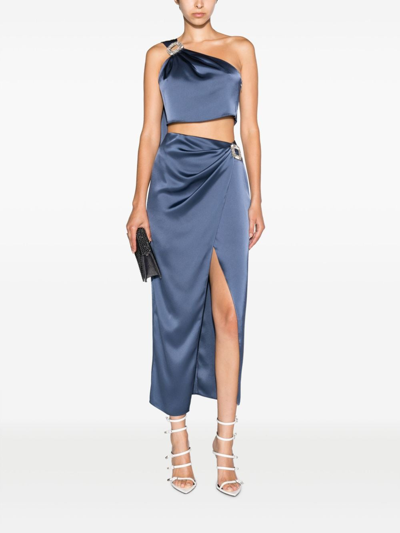 Shop David Koma Crystal-buckle Draped Midi Skirt In Blau