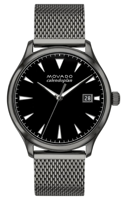Pre-owned Movado Heritage Mens Black Dial Illuminating Indices Ion Plated Mesh Strap Watch