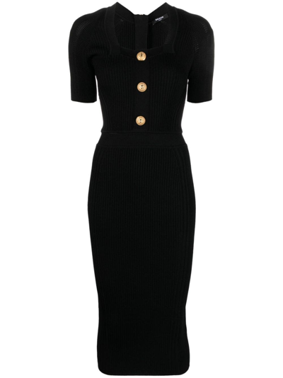 Shop Balmain Button-embellished Ribbed-knit Dress In Black