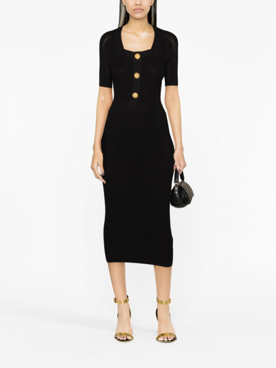 Balmain Square-neck Ribbed Midi Dress In Black