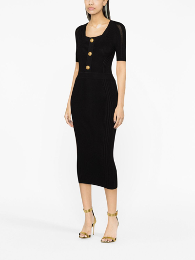 Balmain Square-neck Ribbed Midi Dress In Black