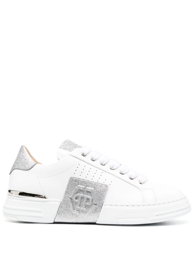 Shop Philipp Plein Glitter Lo-top Leather Sneakers In White