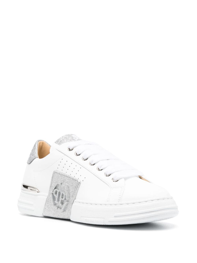 Shop Philipp Plein Glitter Lo-top Leather Sneakers In White