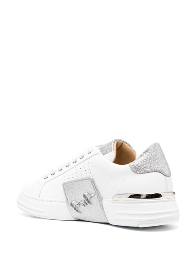 Shop Philipp Plein Glitter Lo-top Leather Sneakers In White