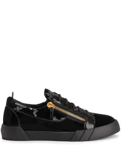 Shop Giuseppe Zanotti Frankie Glitter-detailing Leather Sneakers In Black