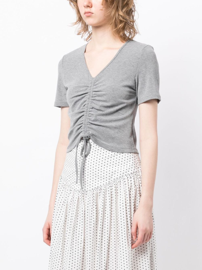 Shop Tout A Coup Ribbed-knit Drawstring Cropped Top In Grey