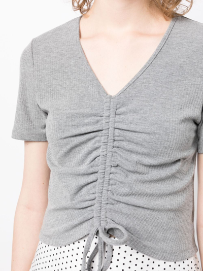 Shop Tout A Coup Ribbed-knit Drawstring Cropped Top In Grey