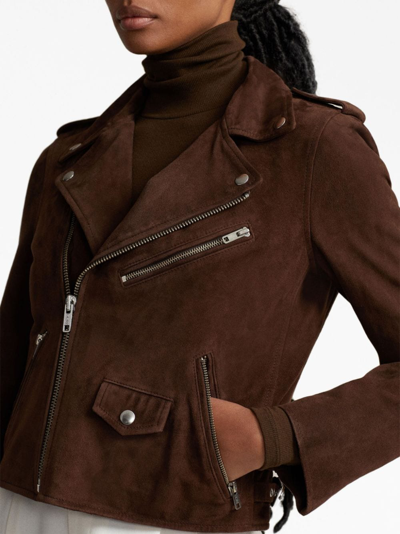Shop Polo Ralph Lauren Notched-collar Suede Biker Jacket In Brown