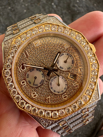 Pre-owned Hip Hop Real Moissanite Mens Watch Gold Two Tone Iced Skeleton Back  Pass Tester