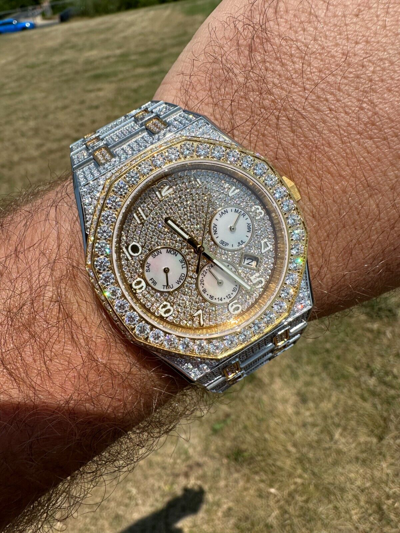 Pre-owned Hip Hop Real Moissanite Mens Watch Gold Two Tone Iced Skeleton Back  Pass Tester