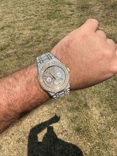 Pre-owned Hip Hop Real Moissanite Mens Watch Gold Two Tone Iced Skeleton Back  Pass Tester