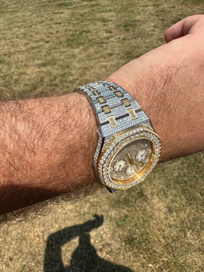 Pre-owned Hip Hop Real Moissanite Mens Watch Gold Two Tone Iced Skeleton Back  Pass Tester