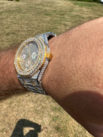 Pre-owned Hip Hop Real Moissanite Mens Watch Gold Two Tone Iced Skeleton Back  Pass Tester