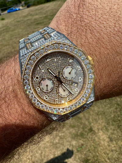 Pre-owned Hip Hop Real Moissanite Mens Watch Gold Two Tone Iced Skeleton Back  Pass Tester