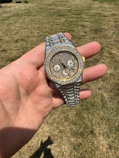 Pre-owned Hip Hop Real Moissanite Mens Watch Gold Two Tone Iced Skeleton Back  Pass Tester