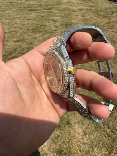 Pre-owned Hip Hop Real Moissanite Mens Watch Gold Two Tone Iced Skeleton Back  Pass Tester