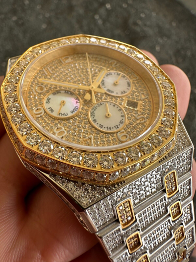 Pre-owned Hip Hop Real Moissanite Mens Watch Gold Two Tone Iced Skeleton Back  Pass Tester