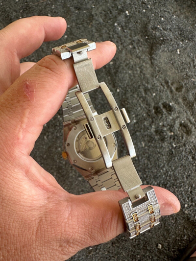 Pre-owned Hip Hop Real Moissanite Mens Watch Gold Two Tone Iced Skeleton Back  Pass Tester