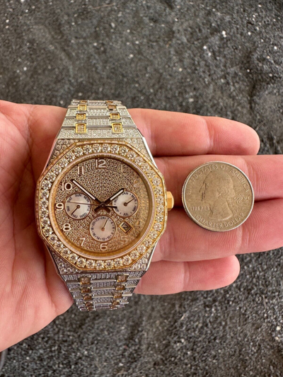 Pre-owned Hip Hop Real Moissanite Mens Watch Gold Two Tone Iced Skeleton Back  Pass Tester
