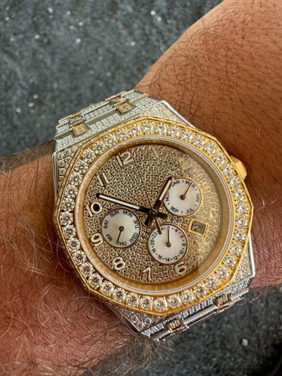 Pre-owned Hip Hop Real Moissanite Mens Watch Gold Two Tone Iced Skeleton Back  Pass Tester