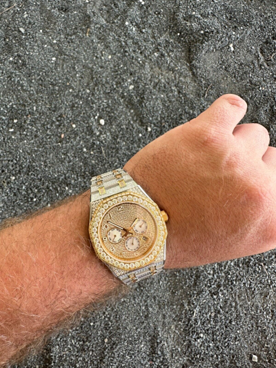Pre-owned Hip Hop Real Moissanite Mens Watch Gold Two Tone Iced Skeleton Back  Pass Tester