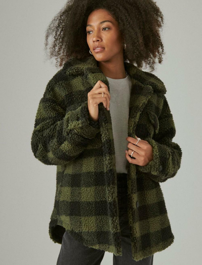 Pre-owned Lucky Brand Faux Sherpa Plaid Coat Jacket Size S Small Ylhk255 Buttons Faux Fur In Green