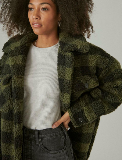 Pre-owned Lucky Brand Faux Sherpa Plaid Coat Jacket Size S Small Ylhk255 Buttons Faux Fur In Green