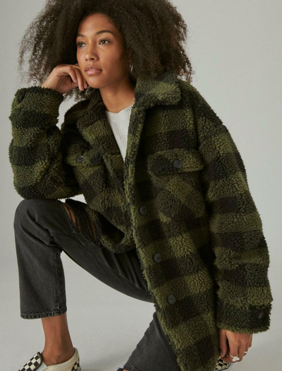 Pre-owned Lucky Brand Faux Sherpa Plaid Coat Jacket Size S Small Ylhk255 Buttons Faux Fur In Green