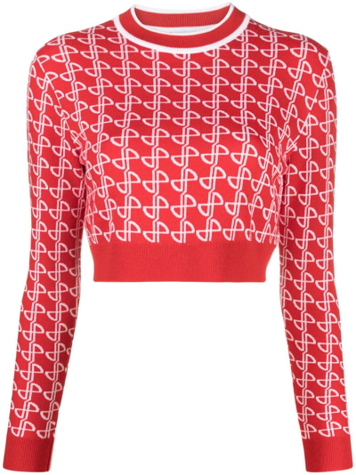 Shop Patou Red Monogram Print Cropped Sweater
