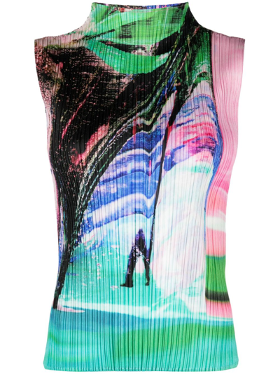 Shop Issey Miyake Blue Tropical Winter Sleeveless Plissé Top - Women's - Polyester In Pink