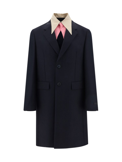 Shop Prada Insert Detailed Single Breasted Trench Coat In Blue