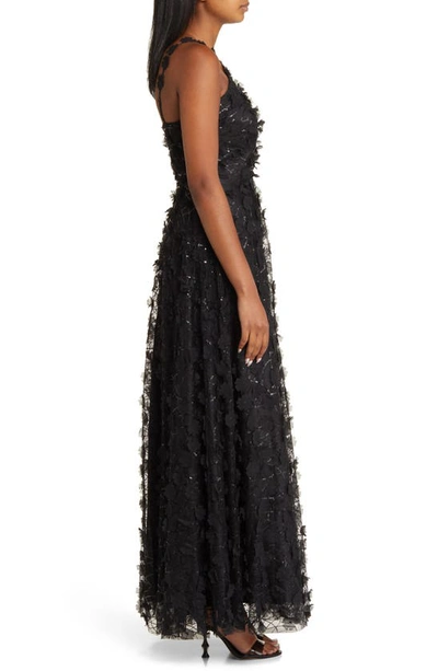 Eliza J Floating Flow Floral Sequin Halter Ballgown In Black