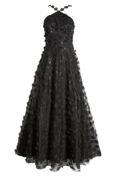 Eliza J Floating Flow Floral Sequin Halter Ballgown In Black