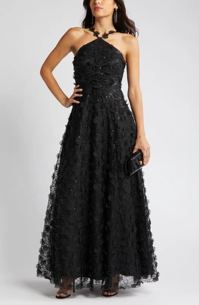 Eliza J Floating Flow Floral Sequin Halter Ballgown In Black