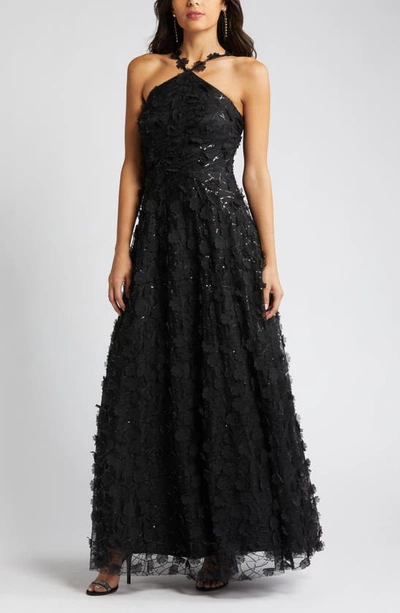 Eliza J Floating Flow Floral Sequin Halter Ballgown In Black
