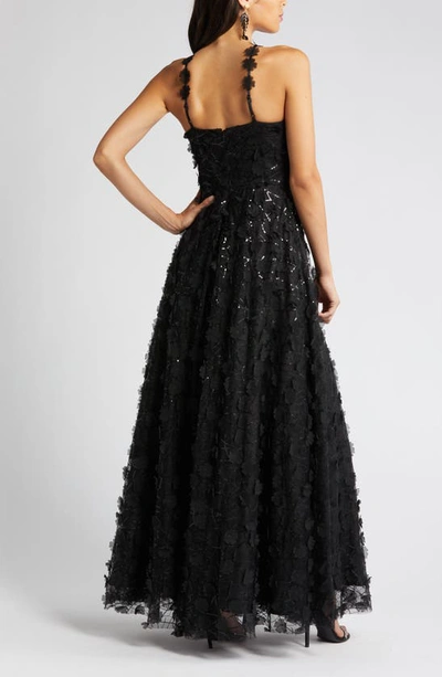 Eliza J Floating Flow Floral Sequin Halter Ballgown In Black