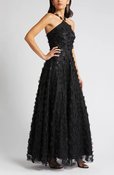 Eliza J Floating Flow Floral Sequin Halter Ballgown In Black