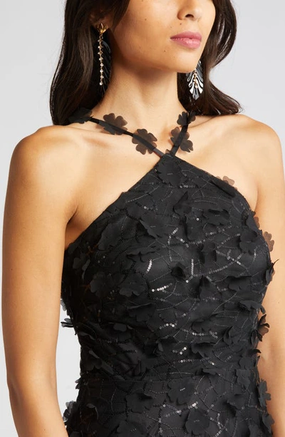 Eliza J Floating Flow Floral Sequin Halter Ballgown In Black